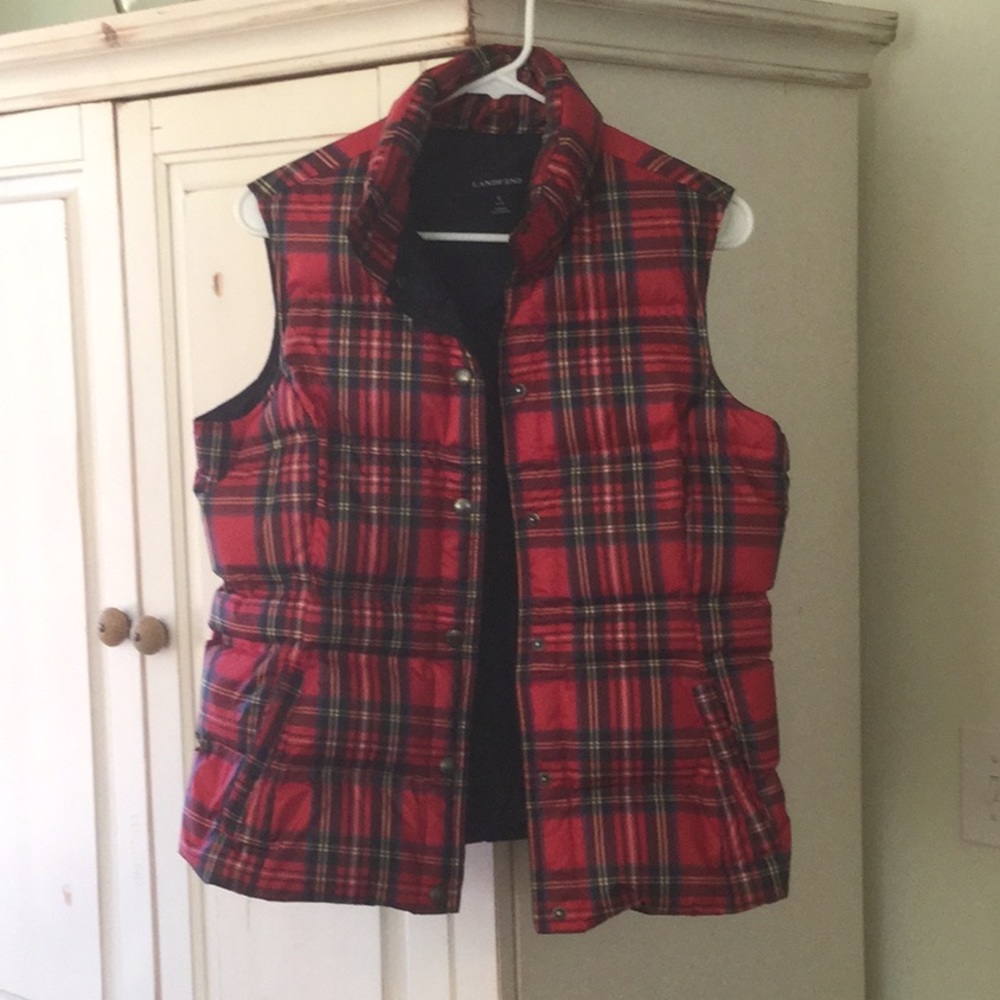 Lands' End Red Plaid Quilted Puffer Vest